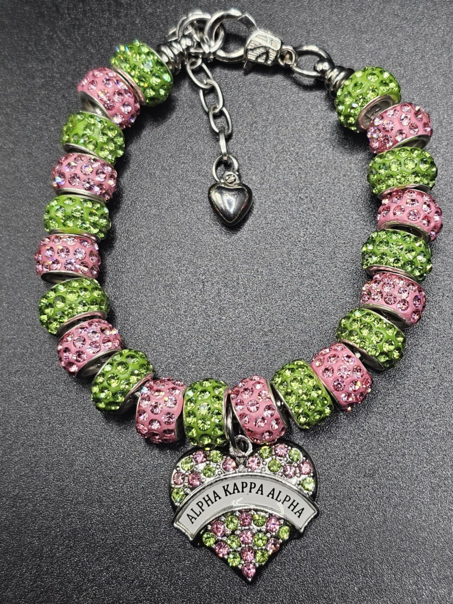 Alpha Kappa Alpha Rhinestone Bracelet with heart charm