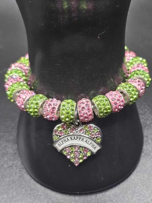 Alpha Kappa Alpha Rhinestone Bracelet with heart charm